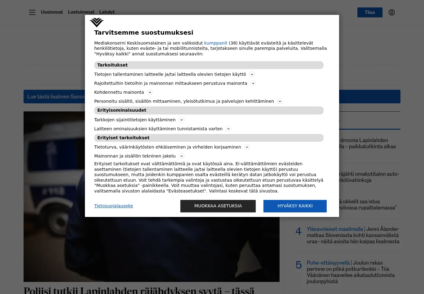 iisalmensanomat.fi before consent screenshot