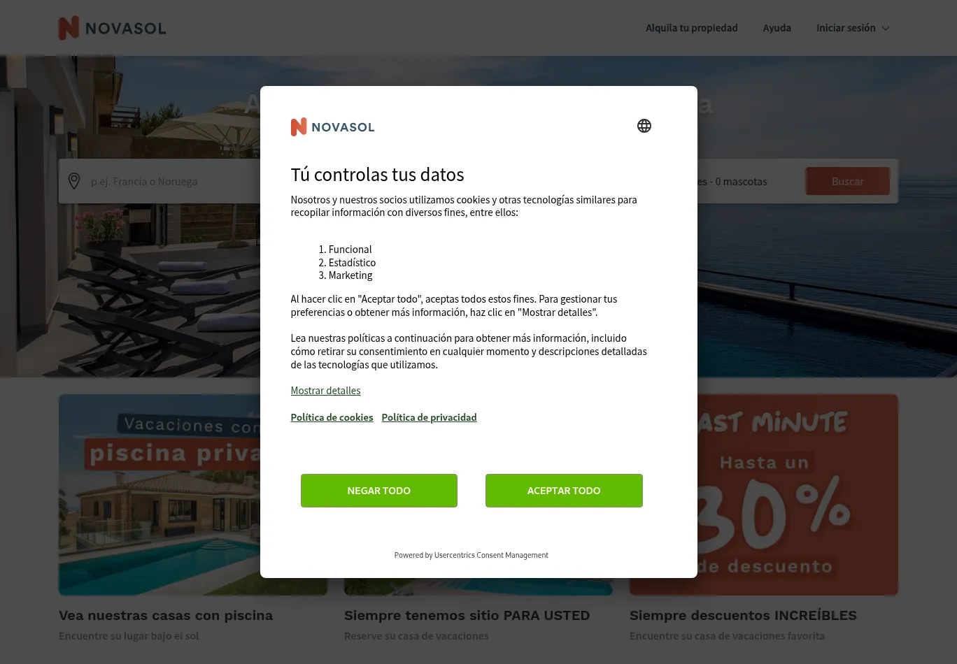 novasol-vacaciones.es before consent screenshot