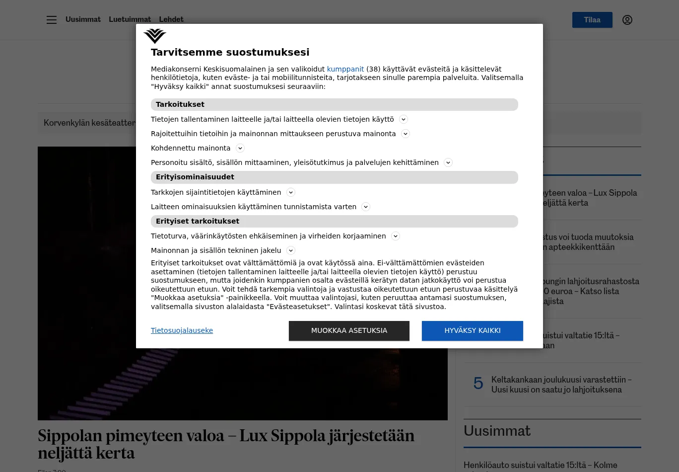 keskilaakso.fi before consent screenshot