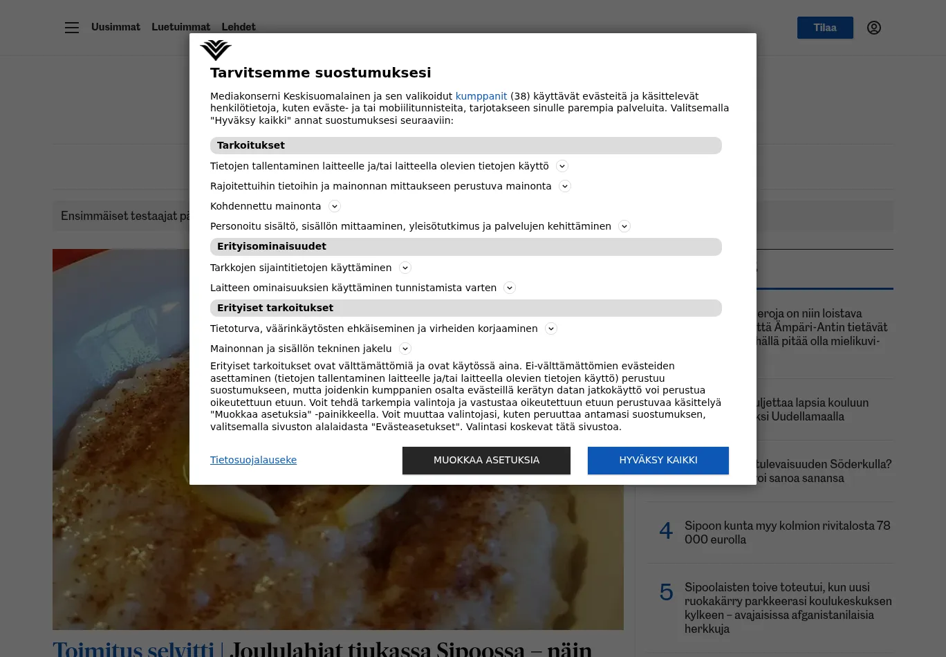 sipoonsanomat.fi before consent screenshot