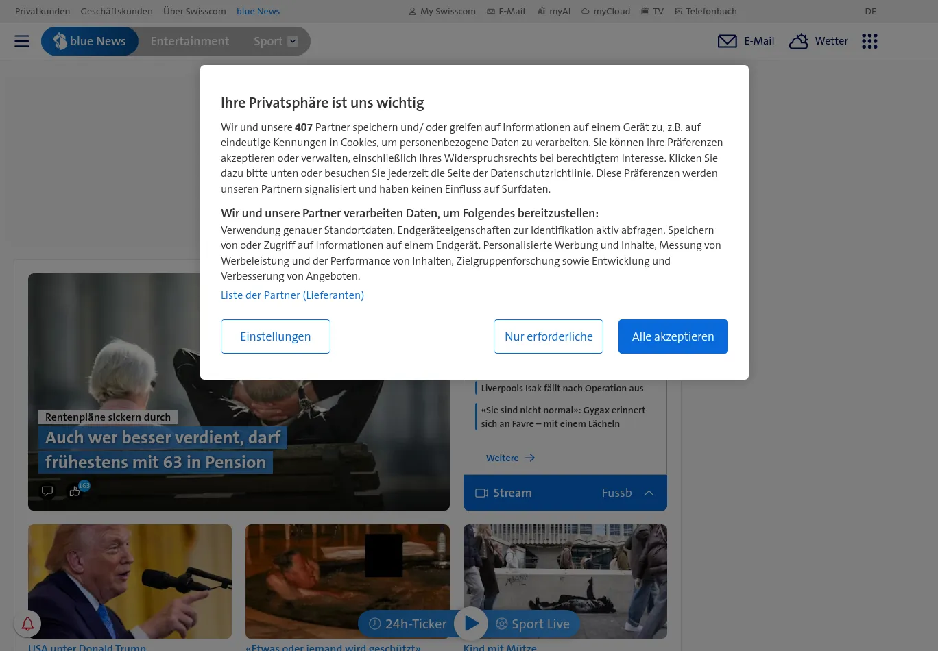 bluewin.ch before consent screenshot
