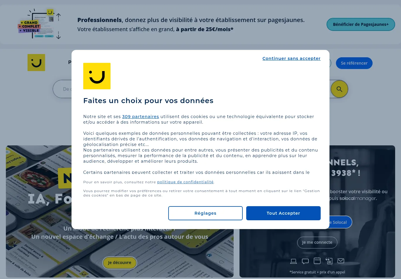 pagesjaunes.fr before consent screenshot