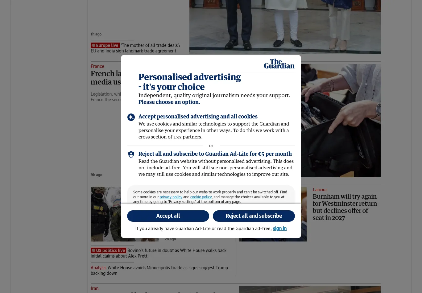 theguardian.com before consent screenshot