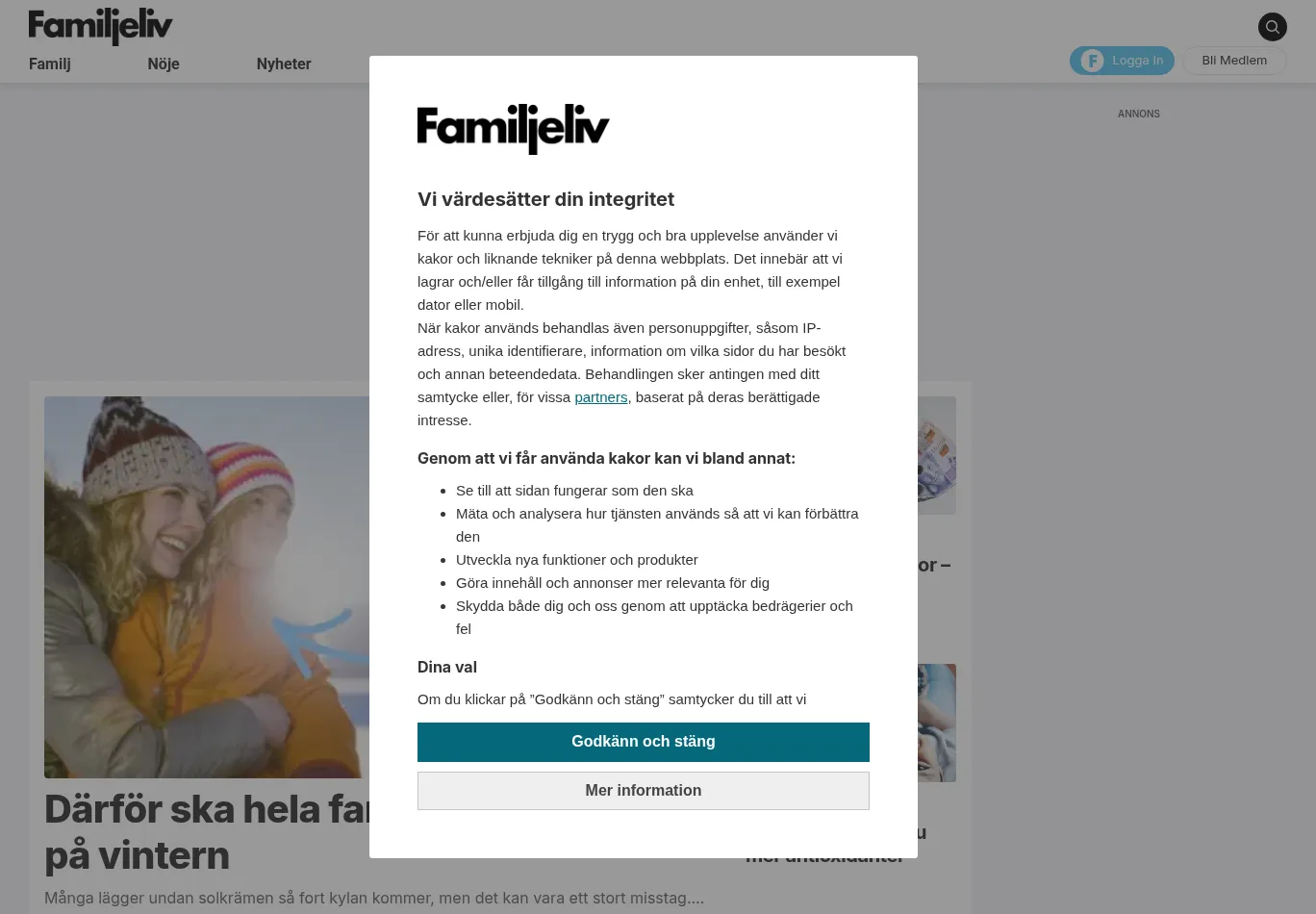 familjeliv.se before consent screenshot