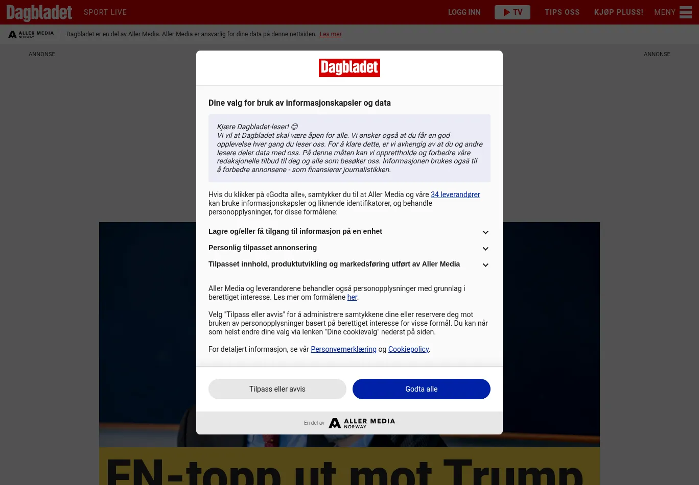 dagbladet.no before consent screenshot