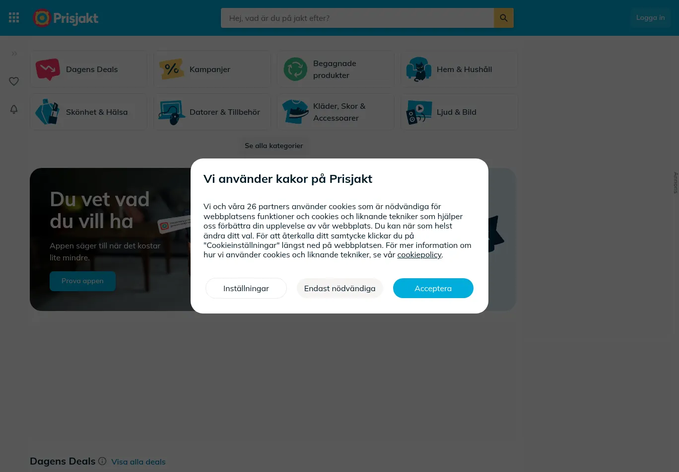 prisjakt.se before consent screenshot