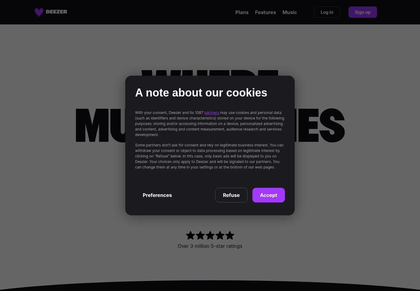 deezer.com necessary only consent screenshot