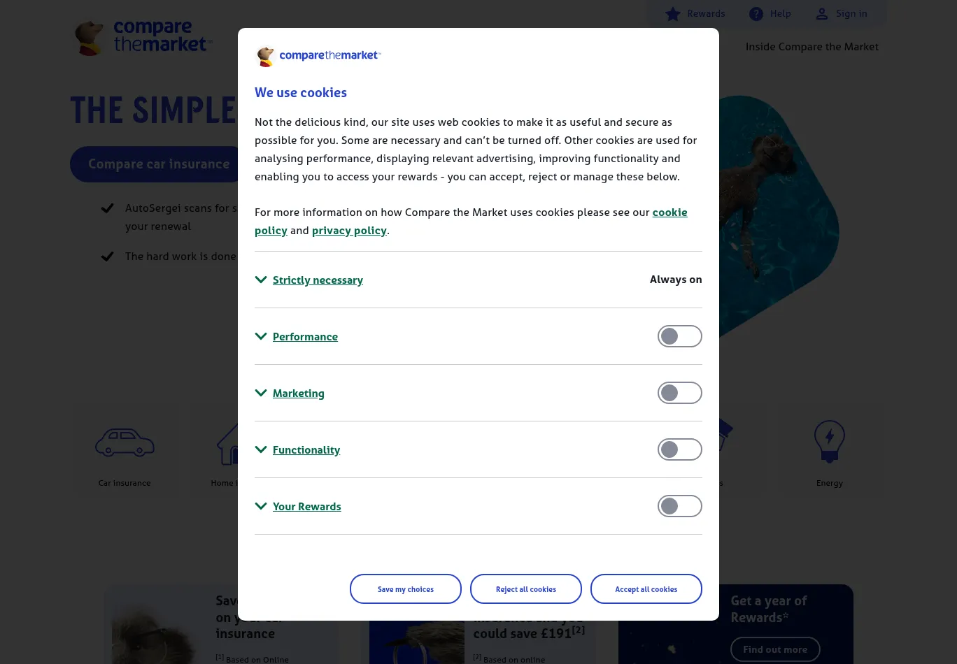 comparethemarket.com before consent screenshot