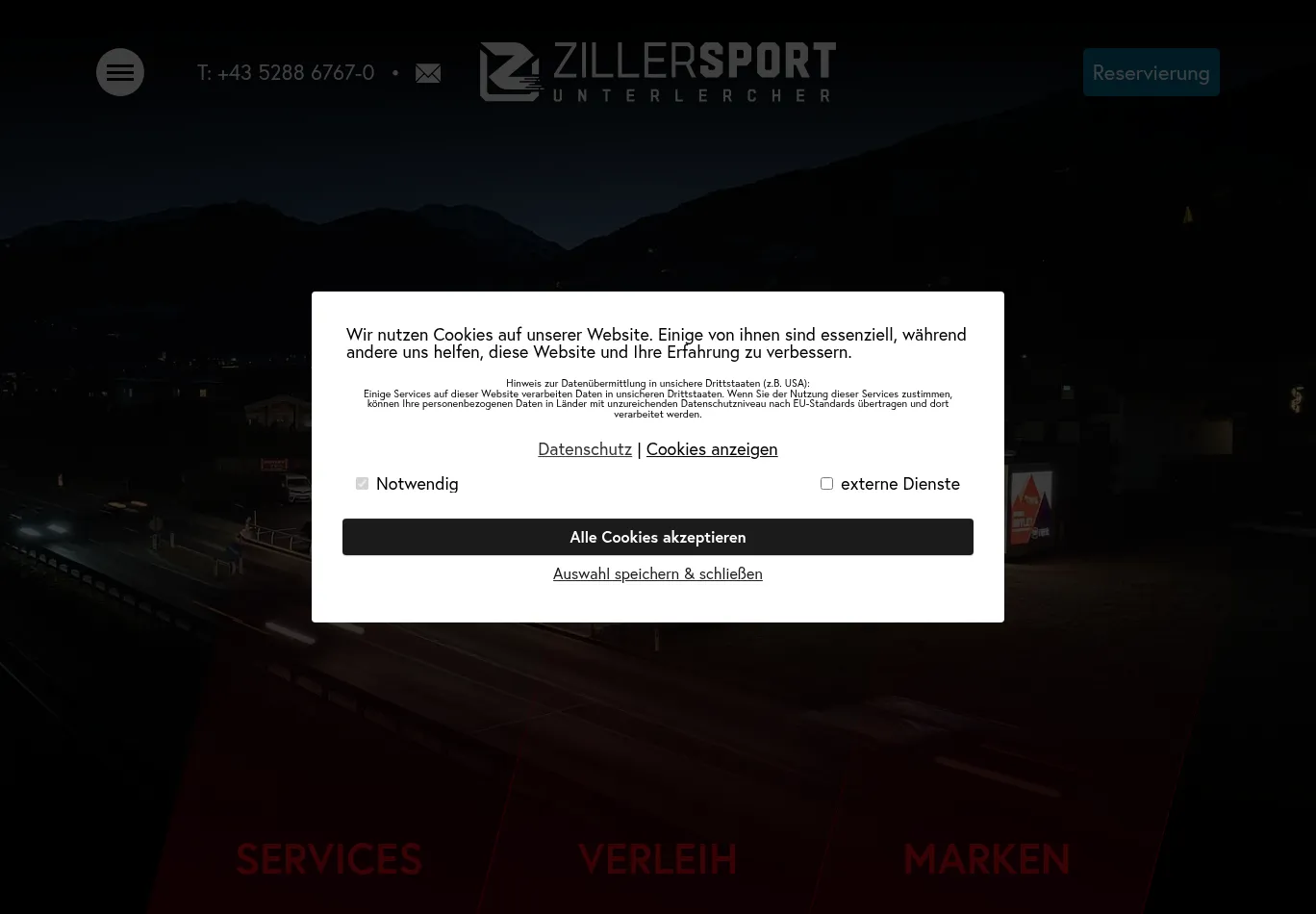 zillersport.at before consent screenshot