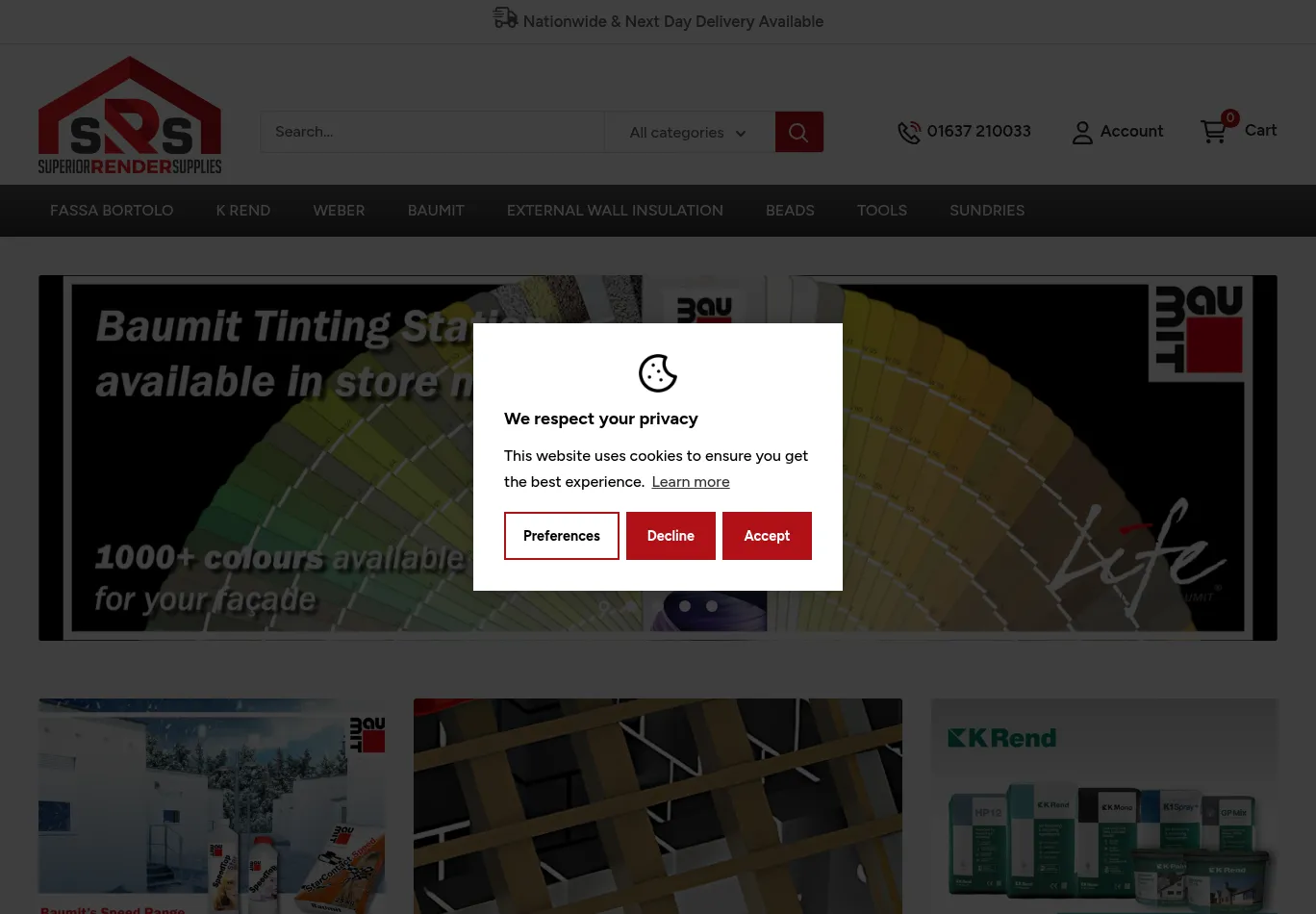 superiorrendersupplies.co.uk before consent screenshot