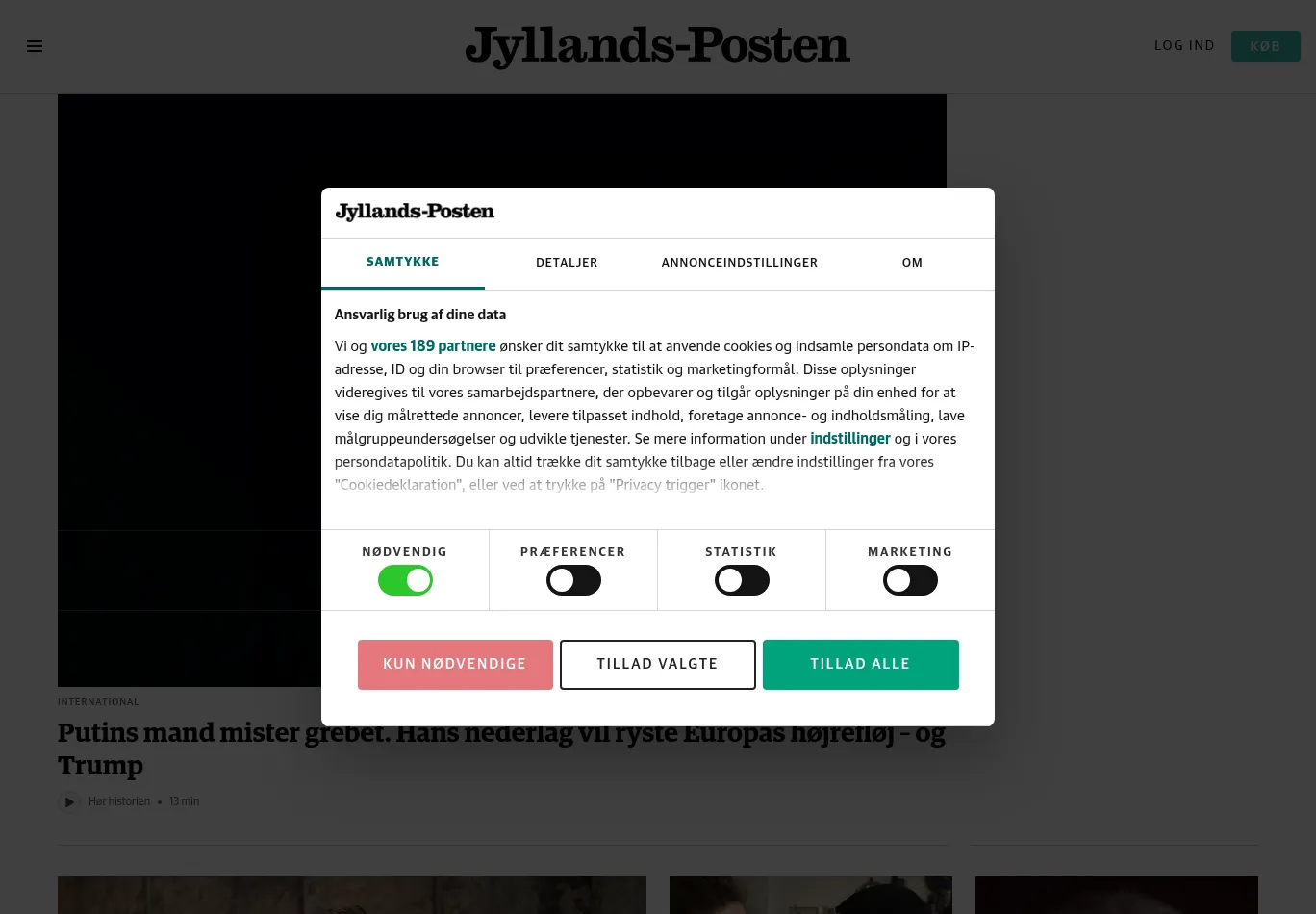 jyllands-posten.dk before consent screenshot