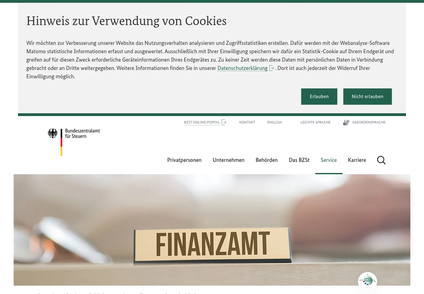 finanzamt.de before consent screenshot