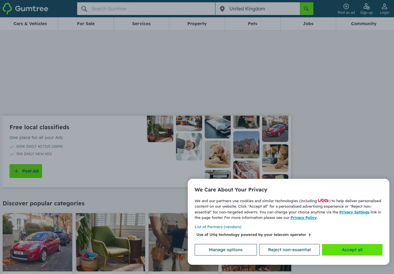 gumtree.com before consent screenshot