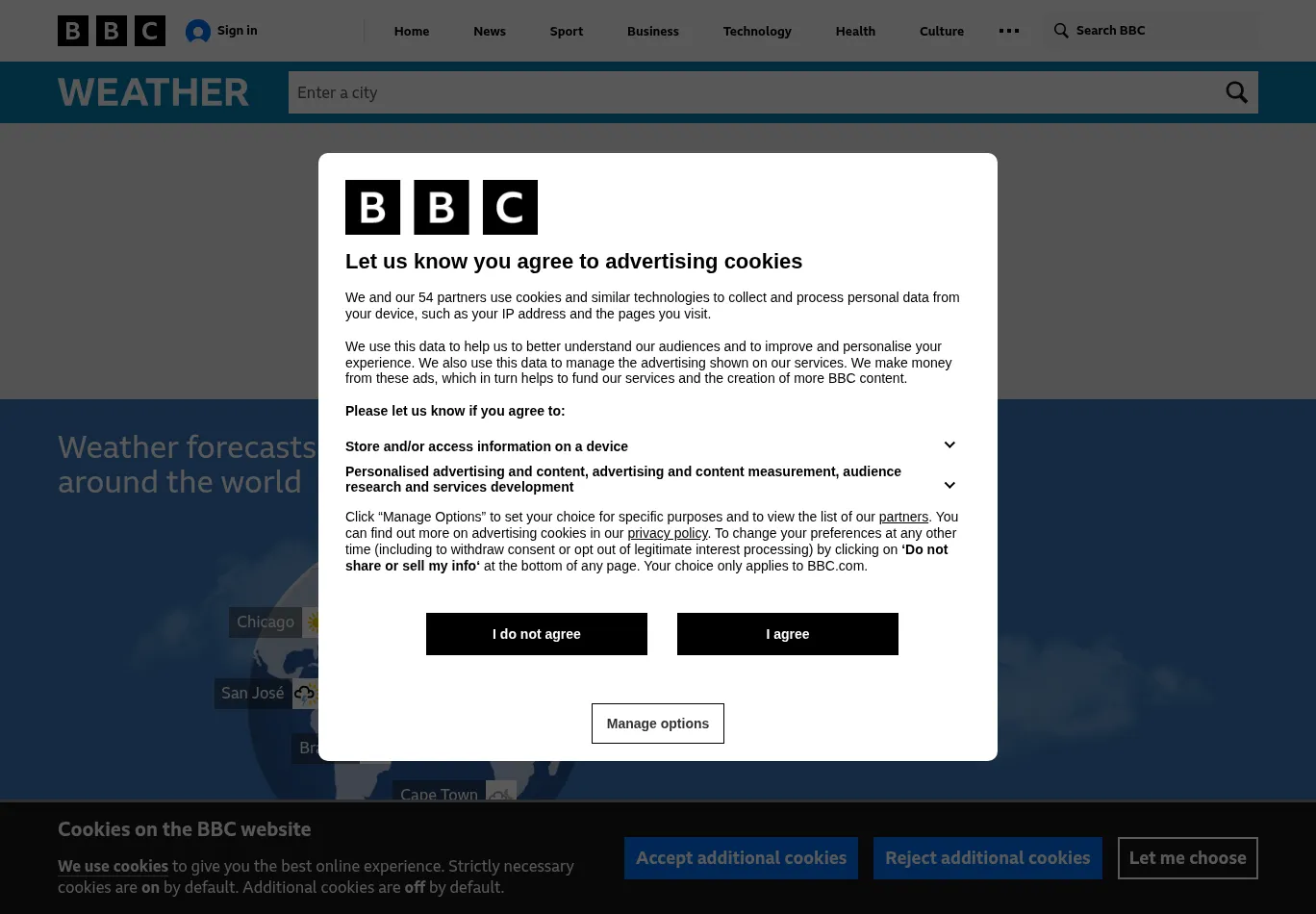 bbc.co.uk/weather before consent screenshot