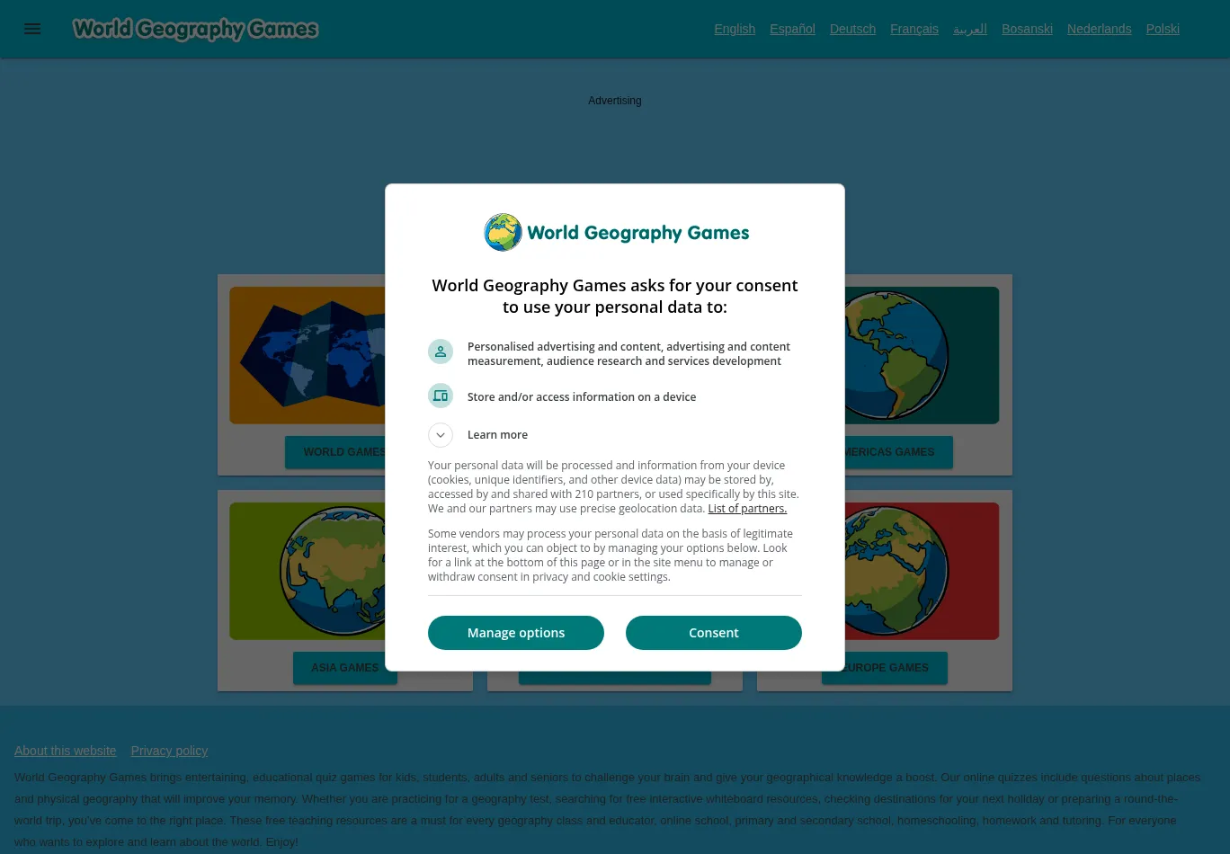 world-geography-games.com before consent screenshot