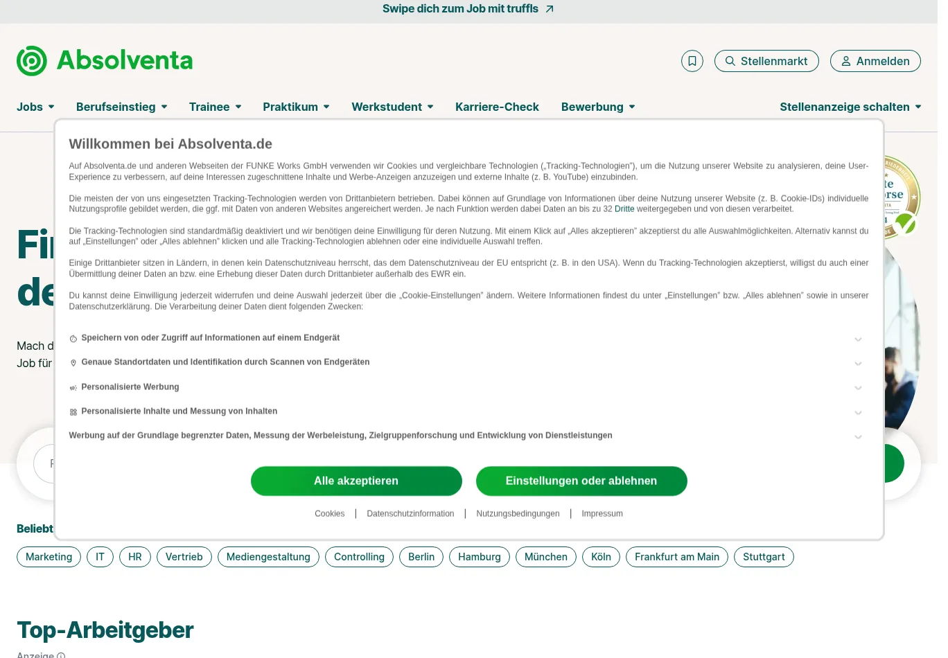 absolventa.de before consent screenshot