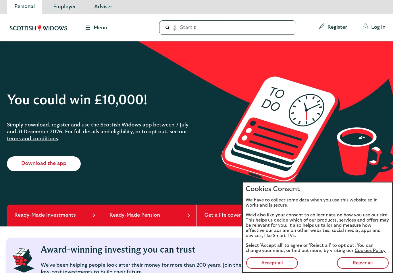 scottishwidows.co.uk before consent screenshot
